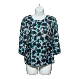 Boden Silk Blouse Turquoise & Gray Quarter Sleeve Printed Top Size 2